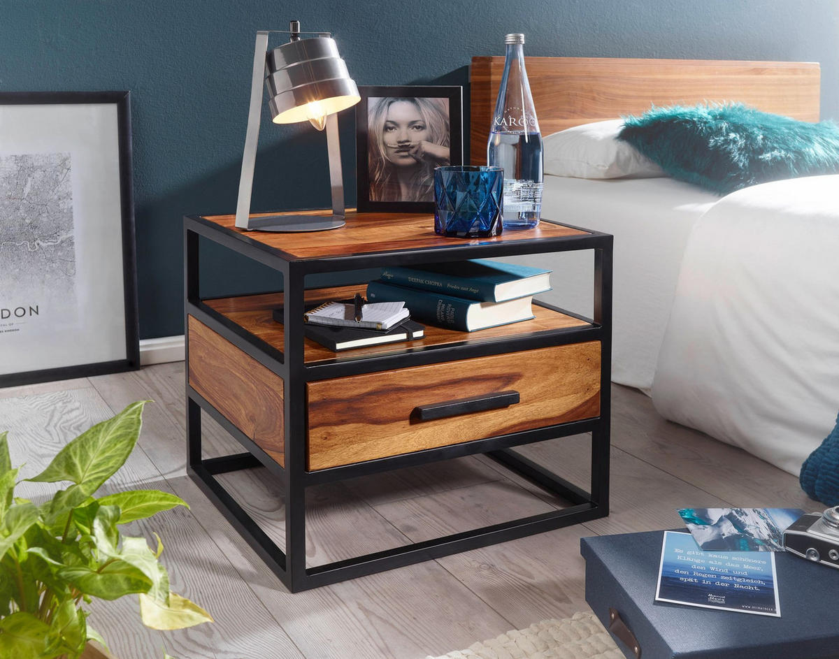 NACHTTISCH – Massivholz/Stahl, mit Stauraum, Industrial-Stil - Schwarz/Braun, Holz/Metall (50/45/45cm) - KADIMA DESIGN