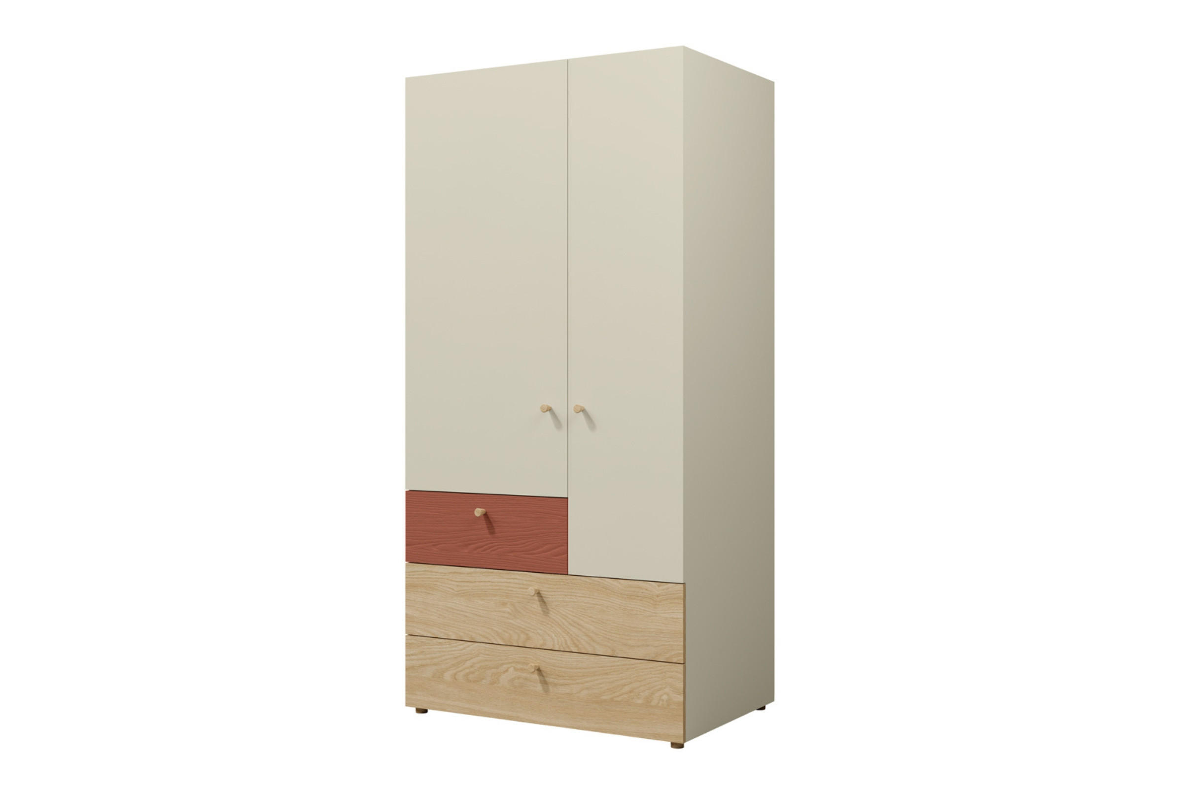 KINDERKLEIDERSCHRANK YOGI 02 90/185 cm in Graubeige / Geölte Eiche / Koralle - Greige/Koralle, Holzwerkstoff (90/185/60cm) - Deine Möbel 24