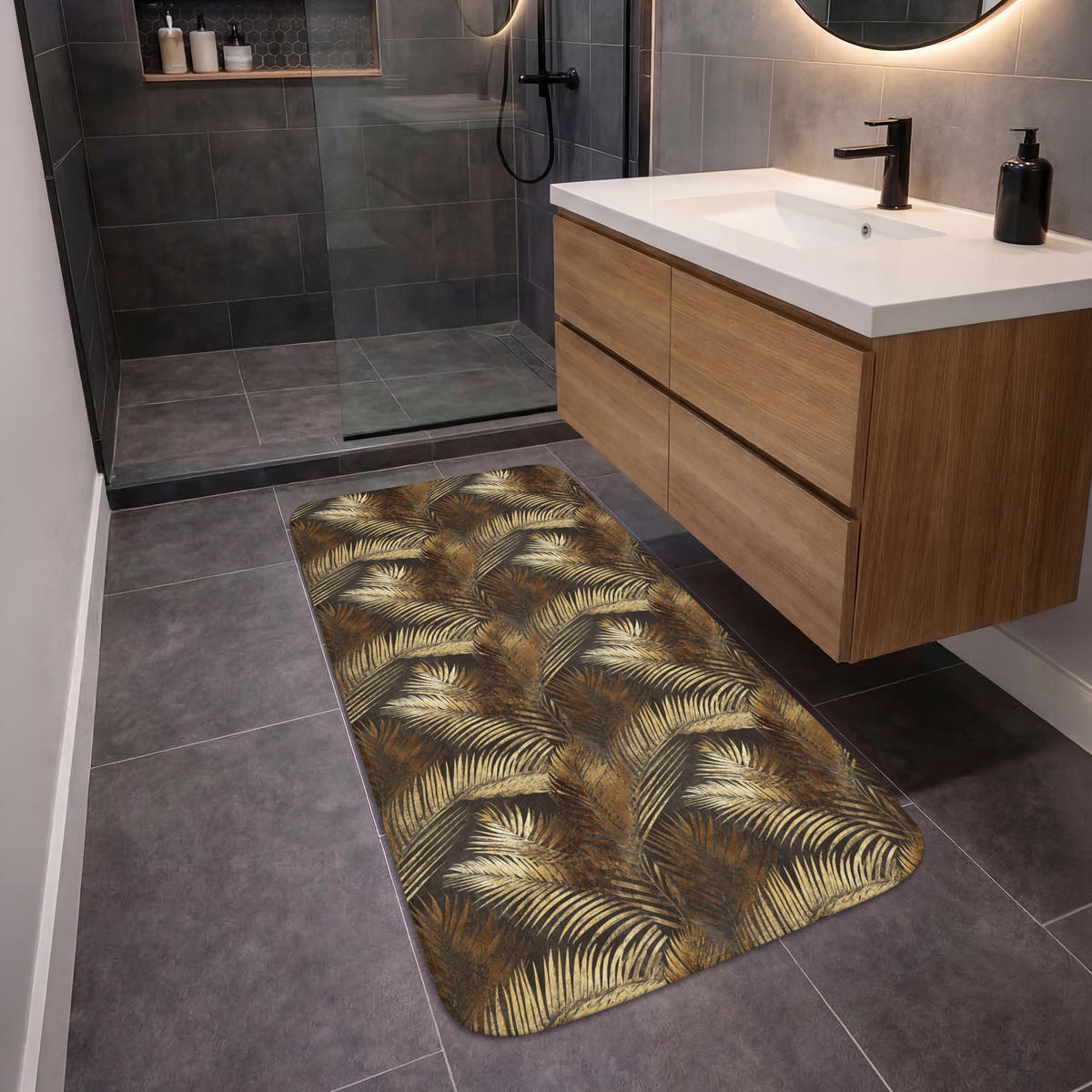 KOUPELNOVÁ PŘEDLOŽKA Tropical - Listy - zlaté 60x120 cm - zlatá, textil/plast (60/120cm)