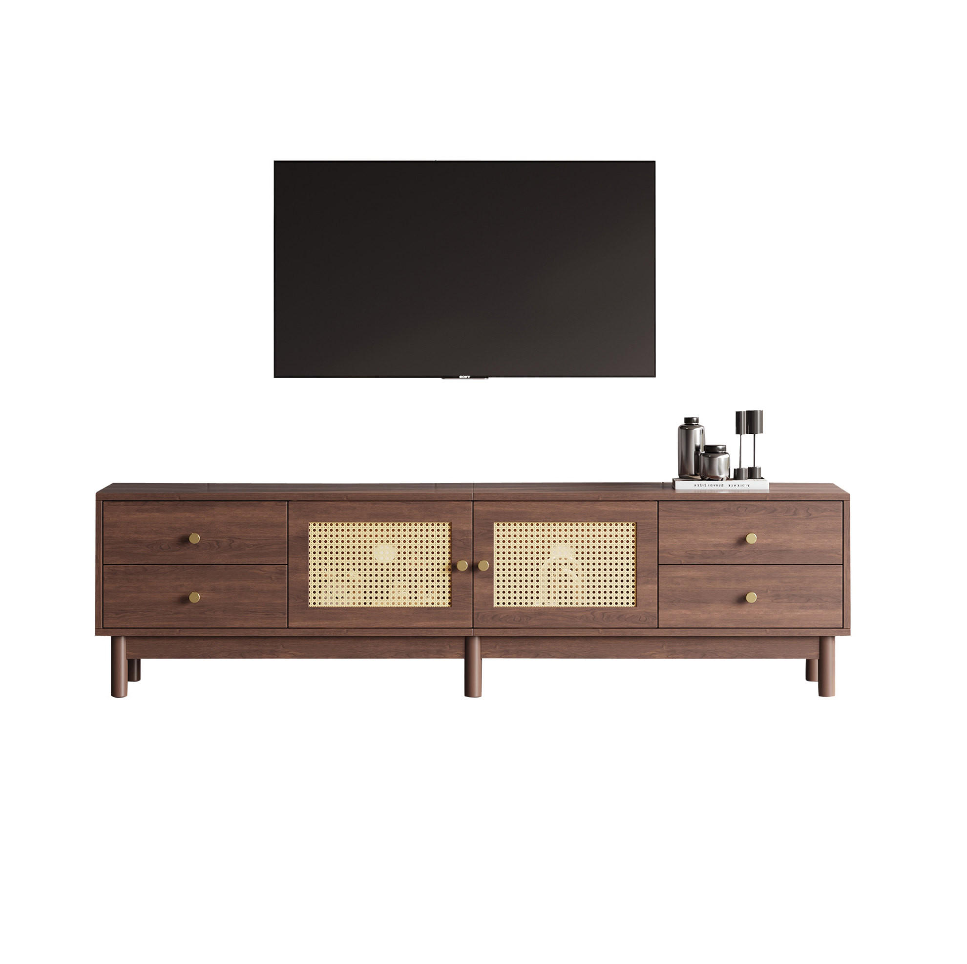 TV-LOWBOARD 180/35/44 cm mit 4 Schubladen, Rattantüren & Kabeldurchlass - Rotbraun, Holzwerkstoff (180/44/35cm) - BEAOK