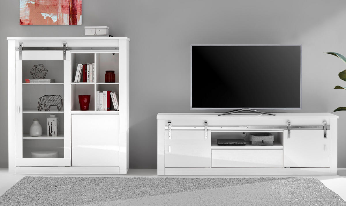 WOHNWAND weiß Hochglanz 2-teilig, Wohnkombination mit Soft-Close - Chromfarben/Weiß Hochglanz, Glas/Holzwerkstoff (349/153/43cm) - Furn.Design