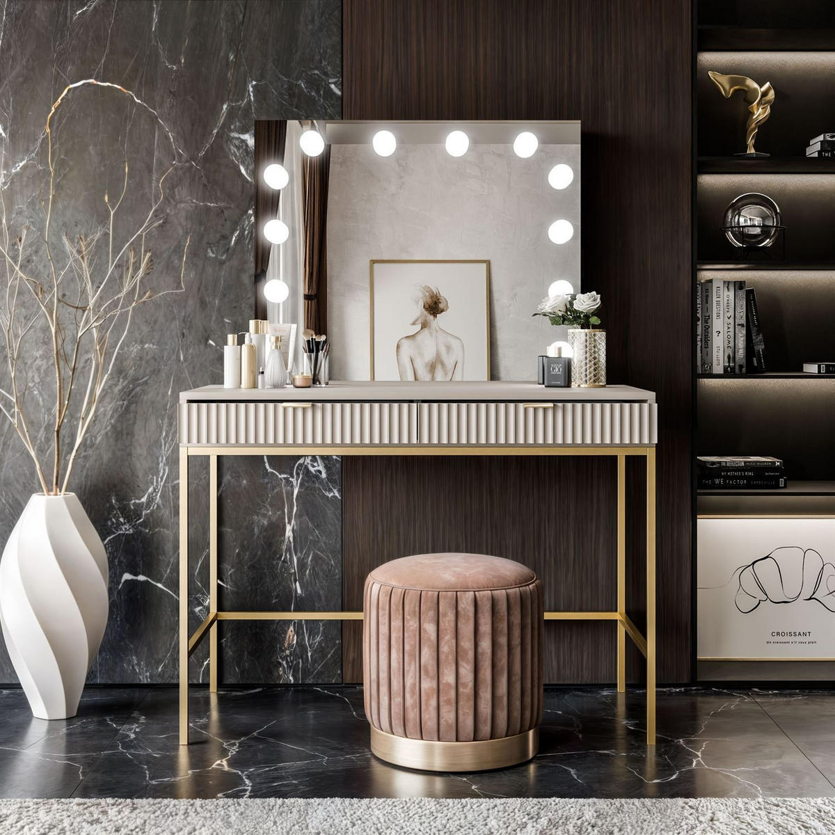 SCHMINKTISCH MIT SPIEGEL CORTADO ELITE GOLD KASCHMIR - Beige, Holzwerkstoff (104/78/50cm) - Lookway