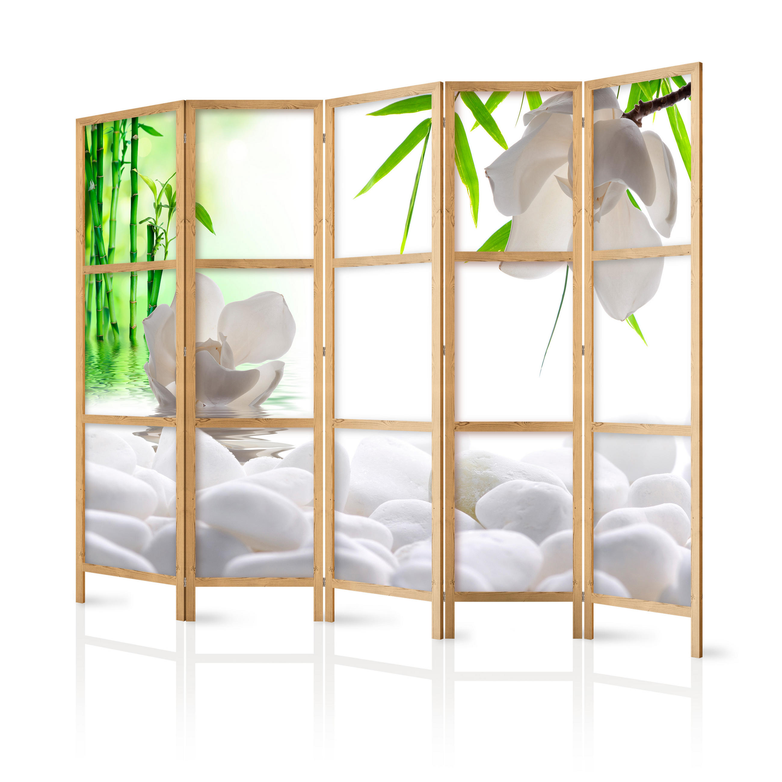 PARAVENT Japanischer 5-tlg 225x172 cm Steine Pflanzen 3D - Weiß, Holz/Textil (225/172/3cm) - Muralo