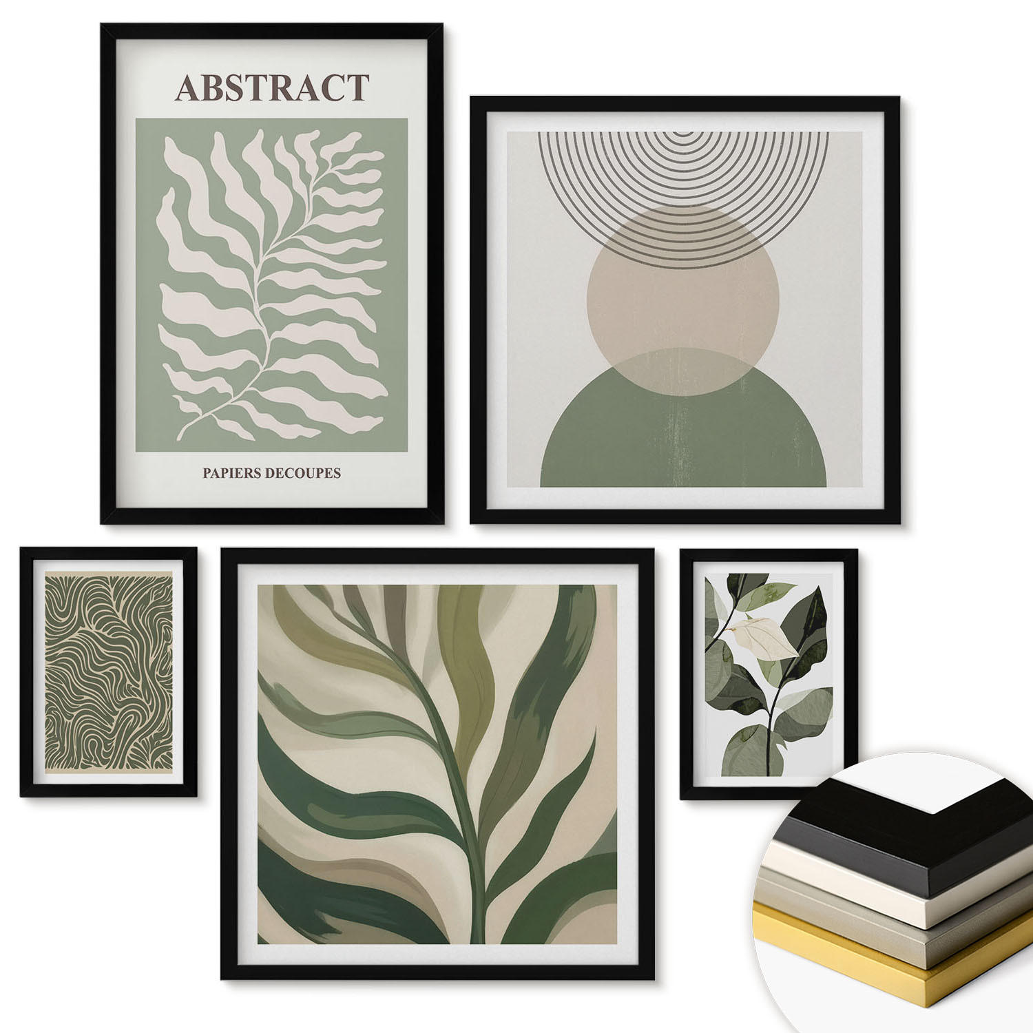 WANDBILDER 5er-Set - 50x50 cm & 20x30 cm & 40x60 cm Schwarzer Rahmen - Blätter geometrische Formen abstrakt - Schwarz, Kunststoff (40/60cm) - ArtPrintCave