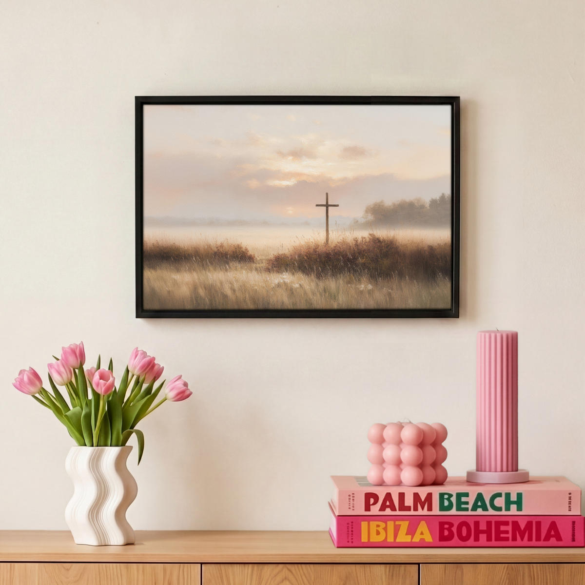LEINWAND Bilder mit Rahmen - Gras - Morgennebel - Kreuz - Christentum - 30x20 - Beige, Textil (30/20cm) - MuchoWow