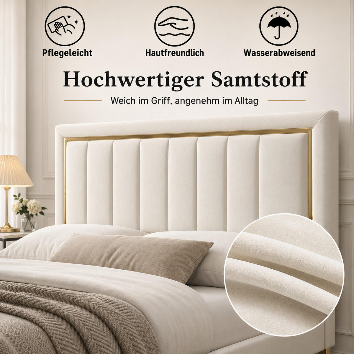 POLSTERBETT 160/200 Creme mit Stauraum, vergoldeter Zierleiste, höhenverstellbares Kopfteil & Gasdruckfeder - Creme, Holz/Metall (160/200cm) - Joyfair