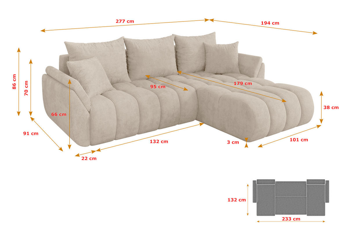 ROHOVÁ SEDAČKA s funkcí spaní, otoman vpravo TOKO-L-v1 277x194x86 béžová manšestr - černá/béžová, kompozitní dřevo/textil (277/194cm) - ALTDECOR