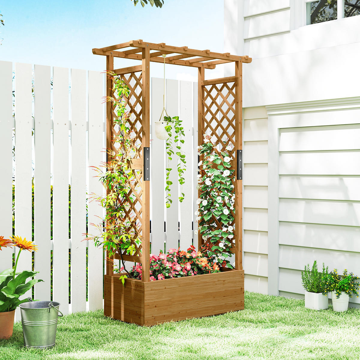 HOCHBEET mit Rankgitter & hängendem Dach, Holz Blumenkasten mit Rankhilfe - Orange, Holz (44/181/110cm) - Outsunny