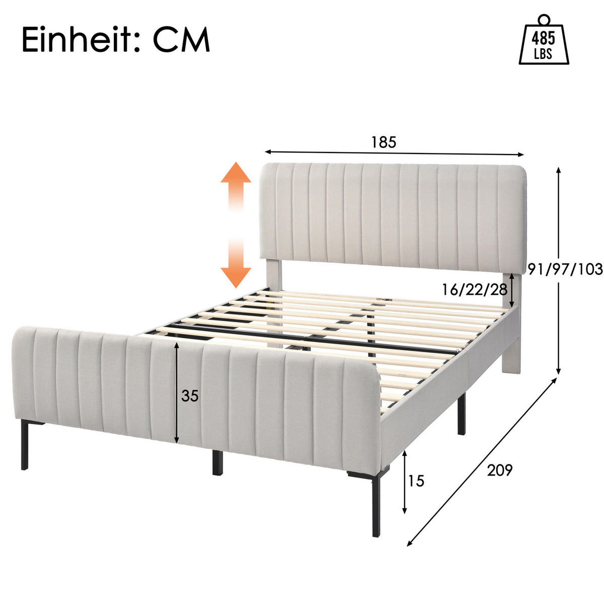 POLSTERBETT 180/200 cm Grau-Beige aus Leinen mit verstellbarem Kopfteil - Grau, Textil (180/200cm) - OKMYHOME