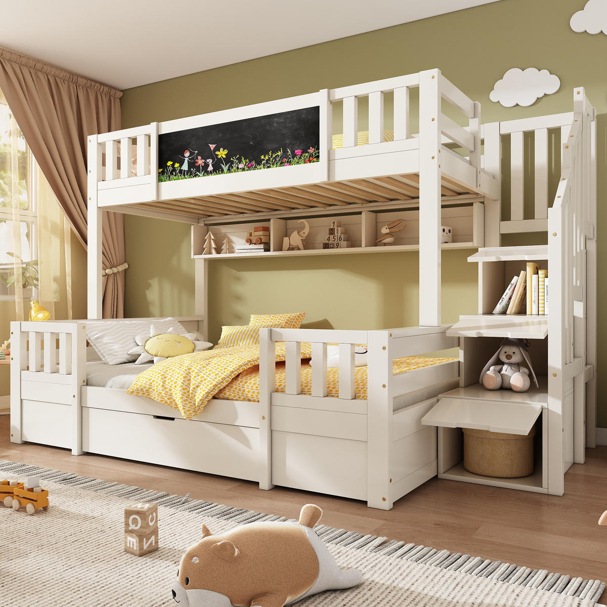 ETAGENBETT 90/140x200 cm in Weiß mit Kreidetafel und Stauraum - Weiß, Holzwerkstoff (90/200cm) - OKMYHOME