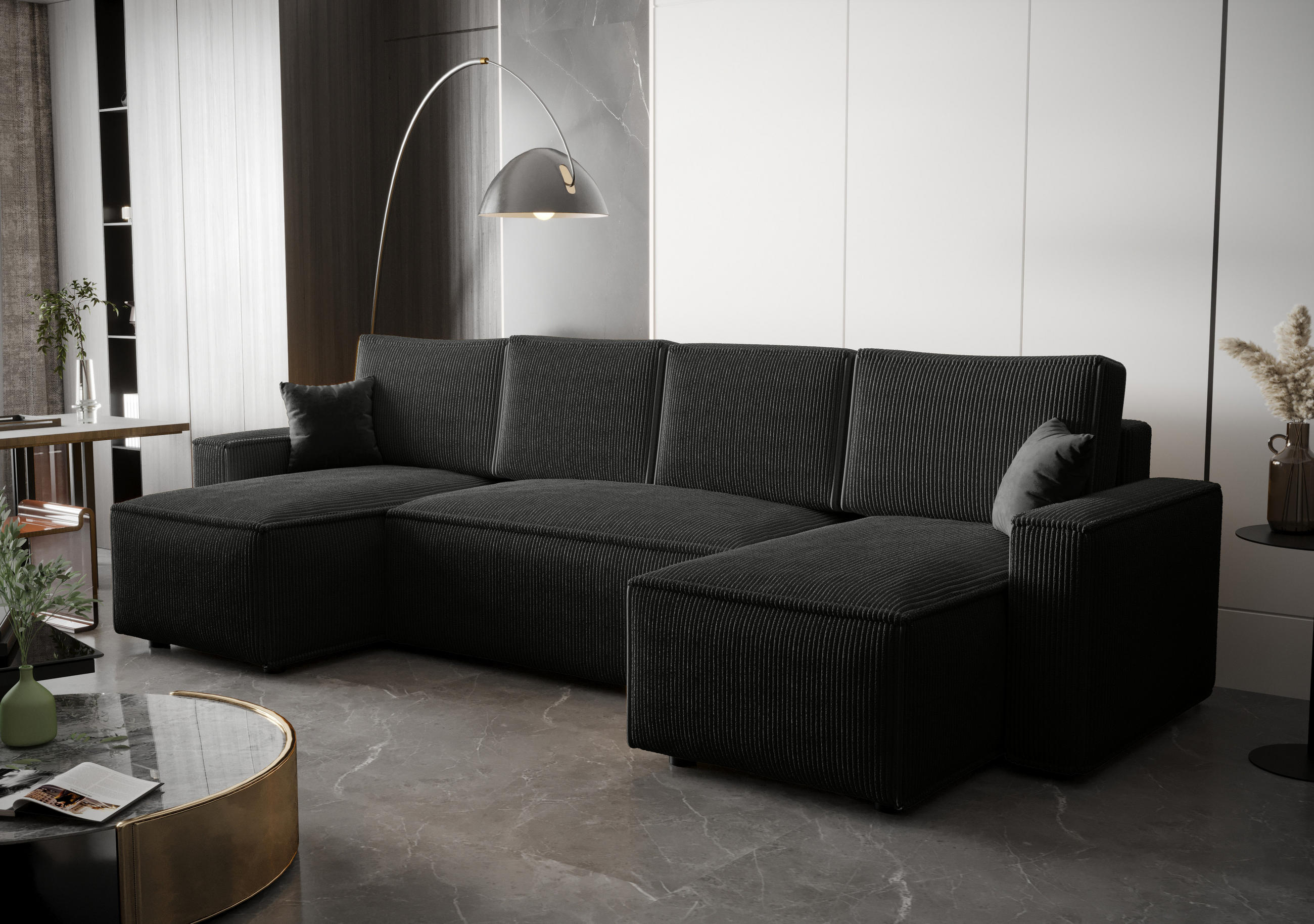 WOHNLANDSCHAFT U AMBRO Poso 135 mit Schlaffunktion U-Form, Sofa mit Stauraum - Schwarz, Textil (300/85/143cm) - Bedante