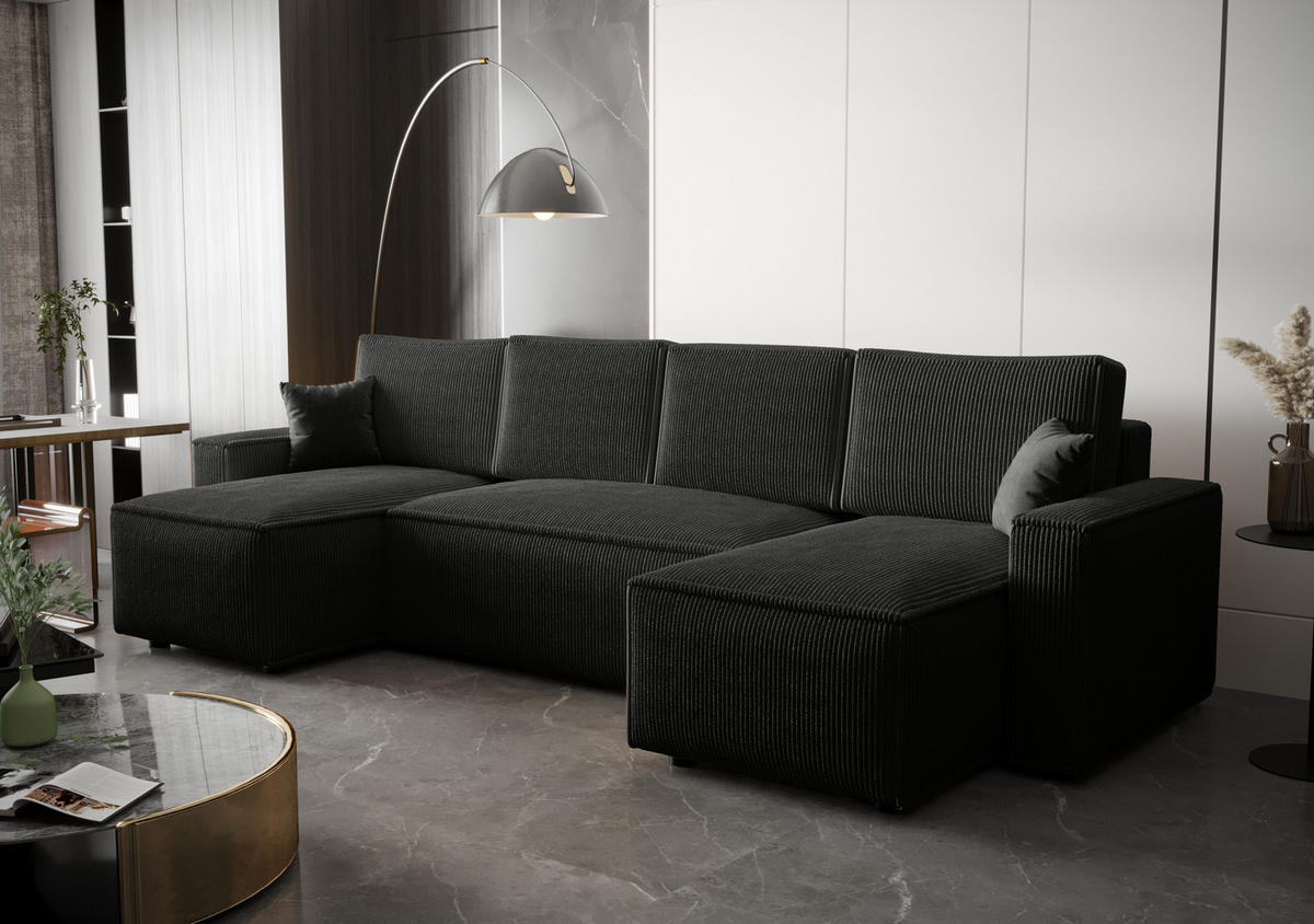 WOHNLANDSCHAFT U AMBRO Poso 135 mit Schlaffunktion U-Form, Sofa mit Stauraum - Schwarz, Textil (300/85/143cm) - Bedante