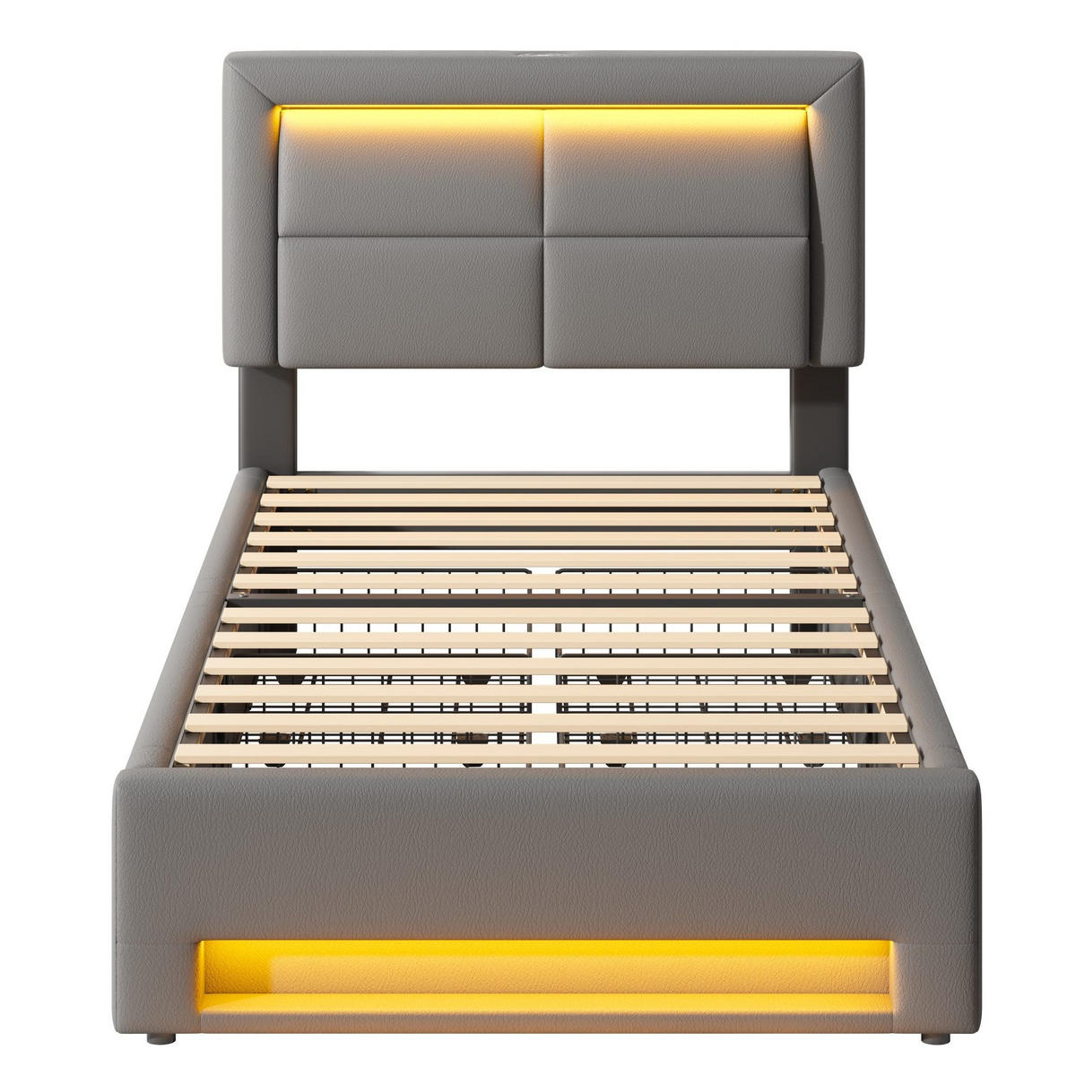 POLSTERBETT 90/190 cm Grau aus PU mit LED-Beleuchtung und 4 Schubladen - Grau, Kunststoff (90/200cm) - OKMYHOME