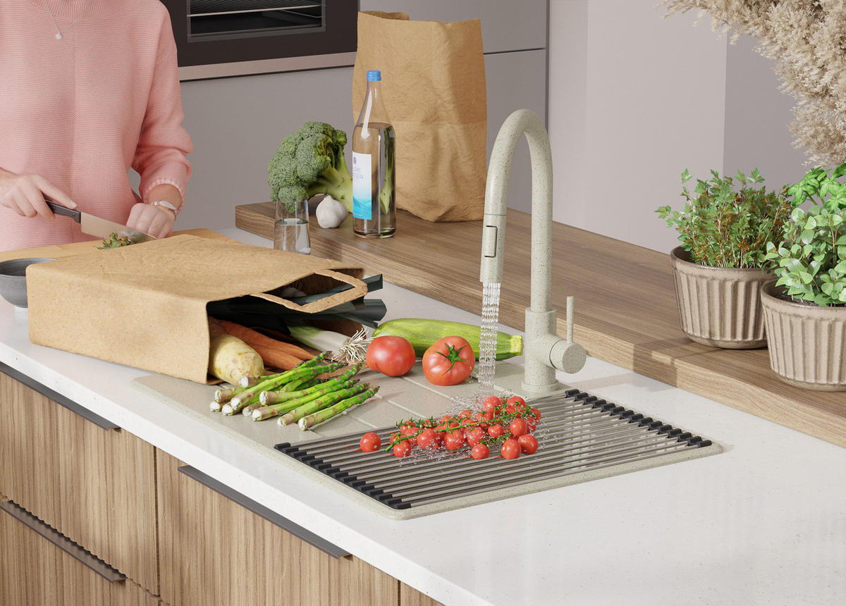 SPÜLBECKEN Kopenhagen, 2-er set Beige 70/50 cm 1 Becken + Ablauf-Set + Schneidebrett ab 40er Unterschrank - Beige, Kunststoff (70/20/50cm) - Primagran