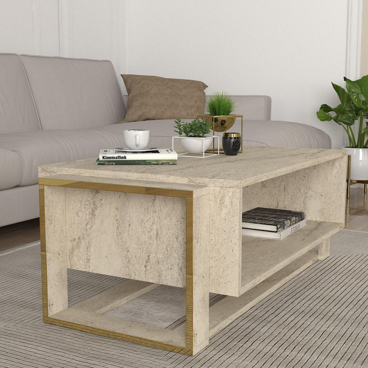 COUCHTISCH Bianco Beige Granit Optik - Beige/Goldfarben, Holzwerkstoff (60/107/41cm) - moebel17