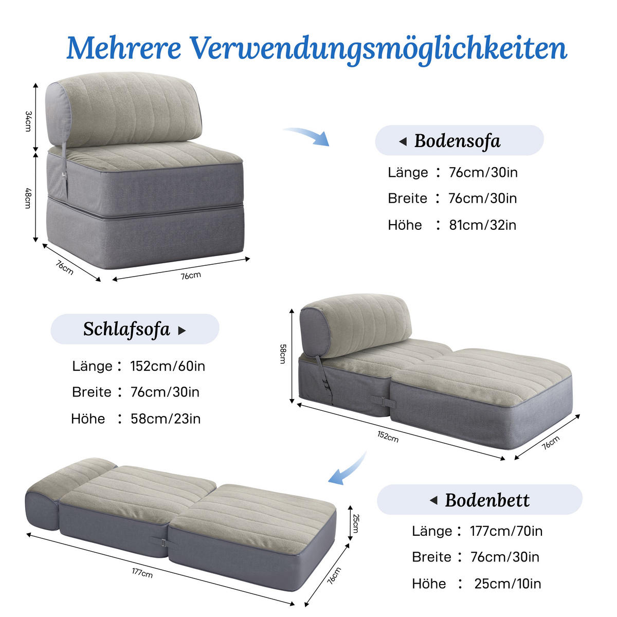 SITZSACK Faltbar Modular Samt grau - Multicolor, Textil (76/82/76cm) - Vercart