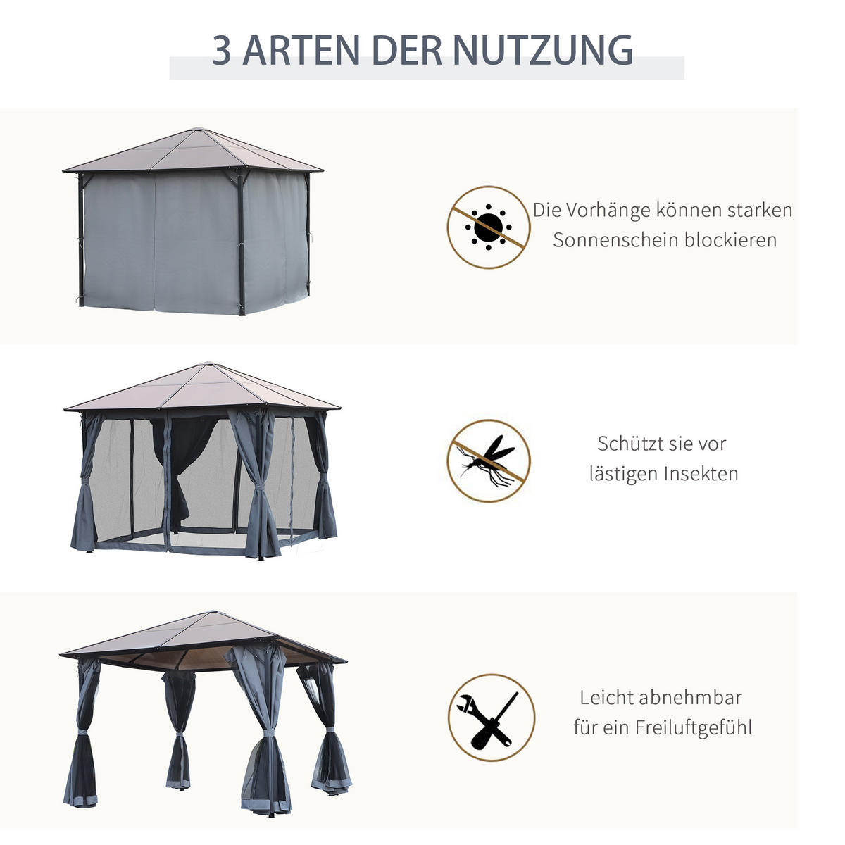 PAVILLON, Grau, 300L x 300B x 265H cm/300L x 400B x 265H cm, Alu, Polyester - Grau, Metall (300/265/300cm) - Outsunny