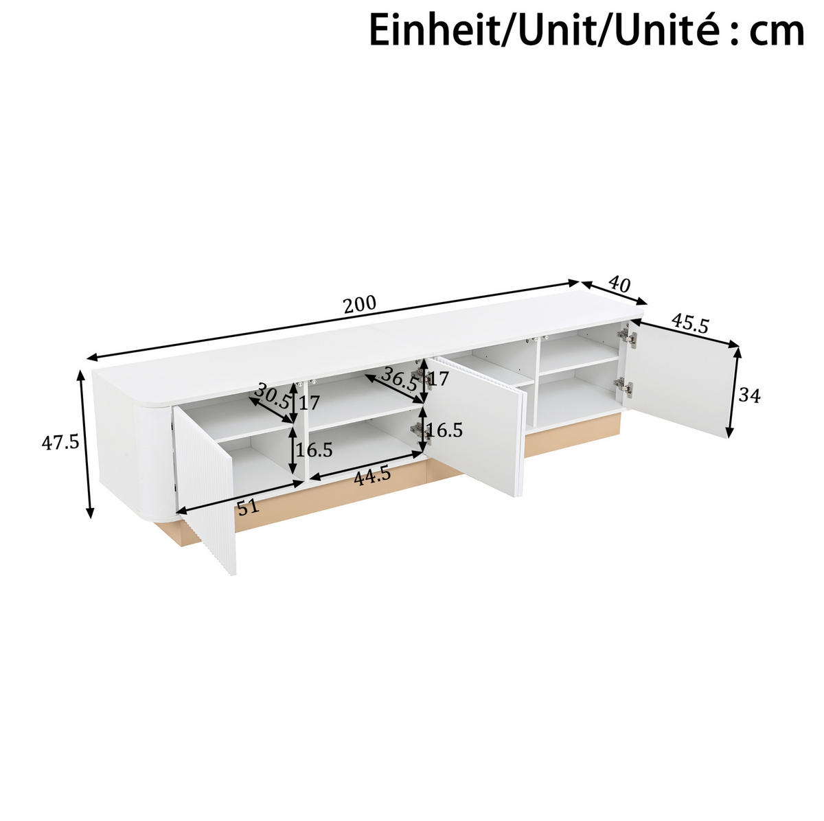 TV-LOWBOARD mit 4 Türen 200 x 40 cm MDF Weiß - Weiß, Holzwerkstoff (40/47.5/200cm) - Beauniv