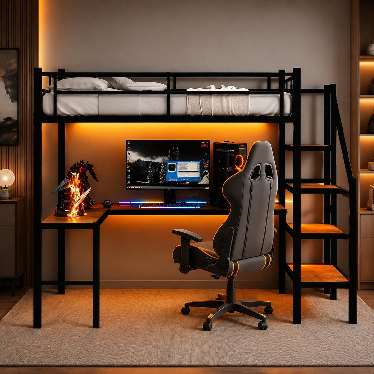 HOCHBETT 90/190 mit L-förmigem Schreibtisch, Stauraumtreppe und Geländer - Schwarz, Holzwerkstoff/Metall (90/200cm) - EVRYAE