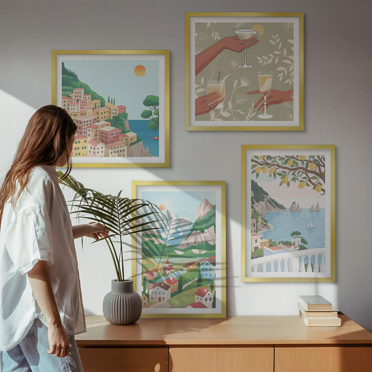 WANDBILDER 4er Set - 50x50 cm & 40x60 cm Goldrahmen - Pastellfarbene Küstenhäuser - Goldfarben, Kunststoff (50/50cm) - ArtPrintCave