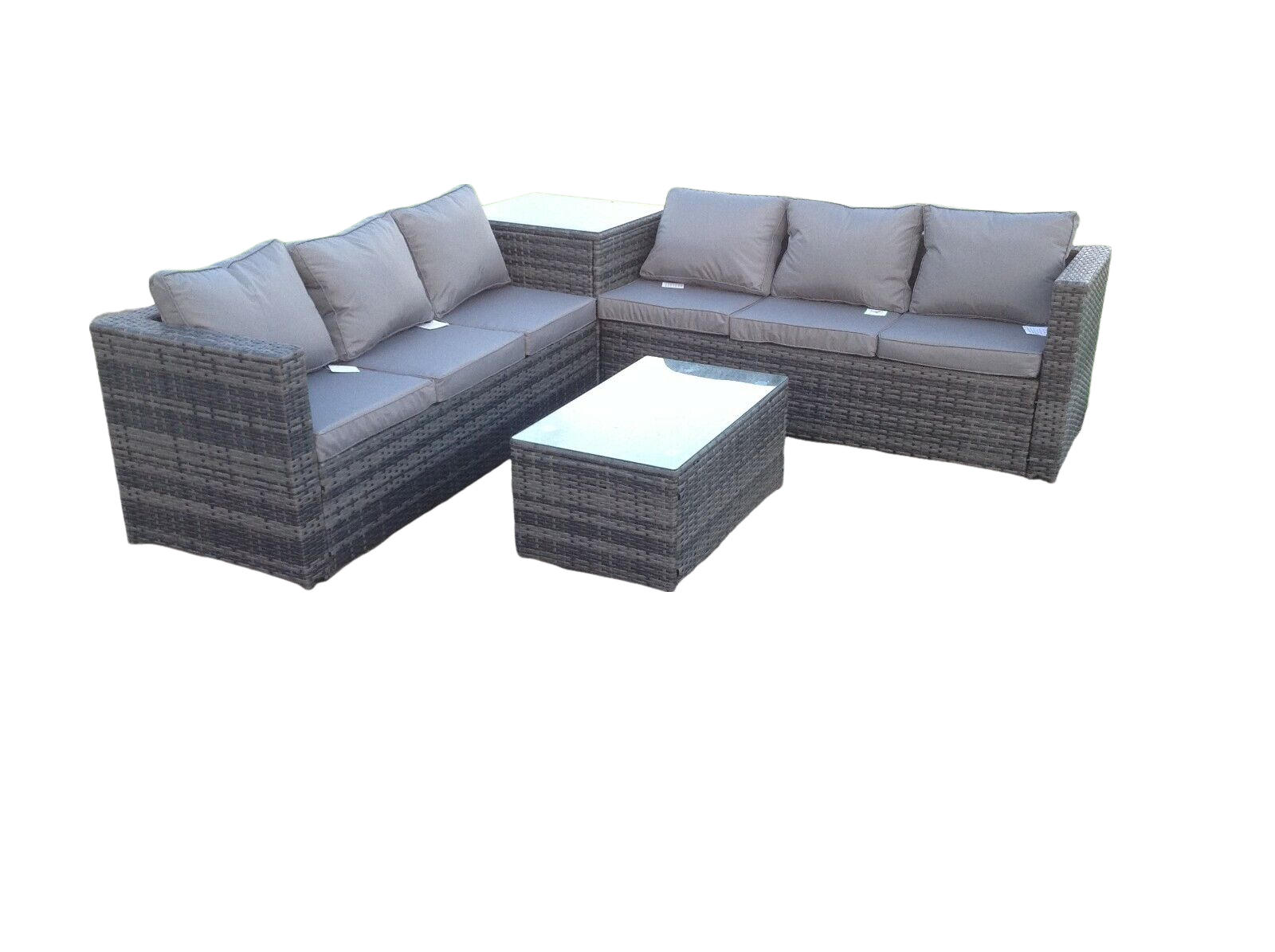 LOUNGESOFA Polyrattan 6-Sitzer - Dunkelgrau/Grau, Glas/Kunststoff - Fimous