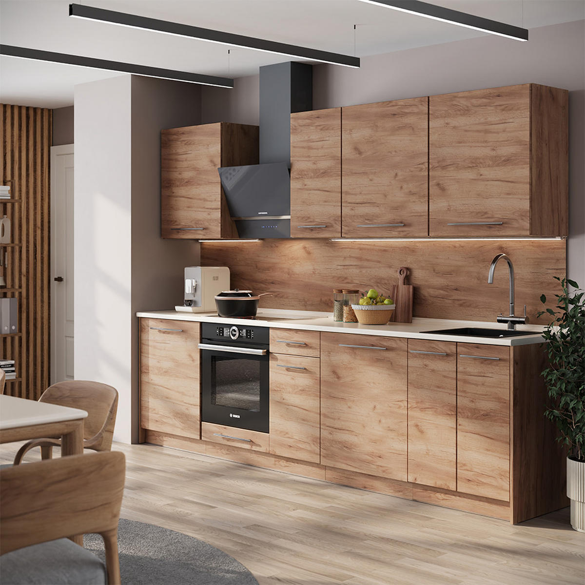 KÜCHENZEILE Fame-Line, Goldkraft Eiche/Goldkraft Eiche, 280 cm, AP Marmor - Honigeiche, Holzwerkstoff (280/82/60cm) - Vicco