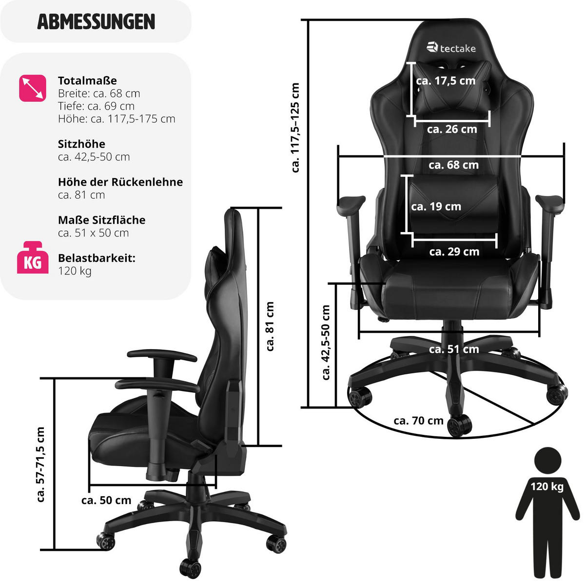 RACING-GAMINGSTUHL Twink,Belastbarkeit 120 kg,schwarz - Schwarz, Textil (68/125/69cm) - tectake