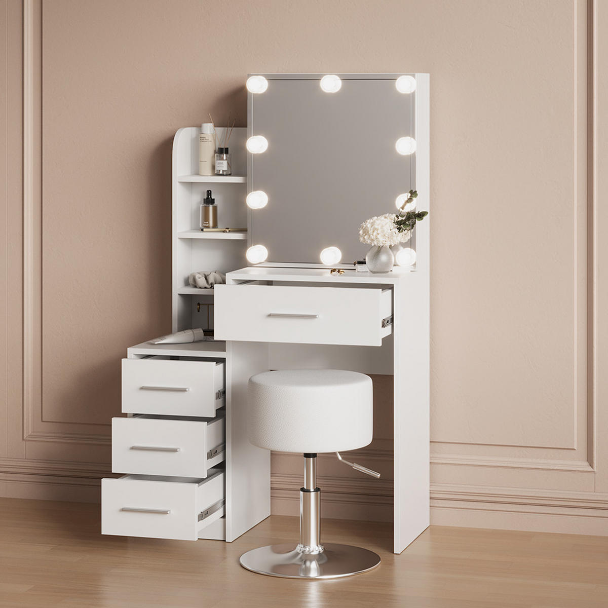 SCHMINKTISCH Loreta Weiß mit LED Beleuchtung und Hocker - Weiß, Holzwerkstoff (80/131.6/36cm) - Livinity®
