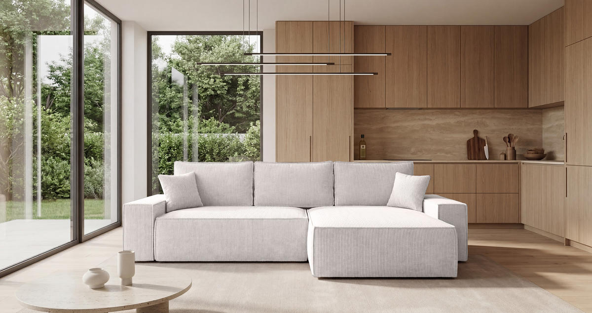 ECKSOFA California mit Schlaffunktion Vanille Rechts - Weiß, Textil (280/184cm) - Cornero