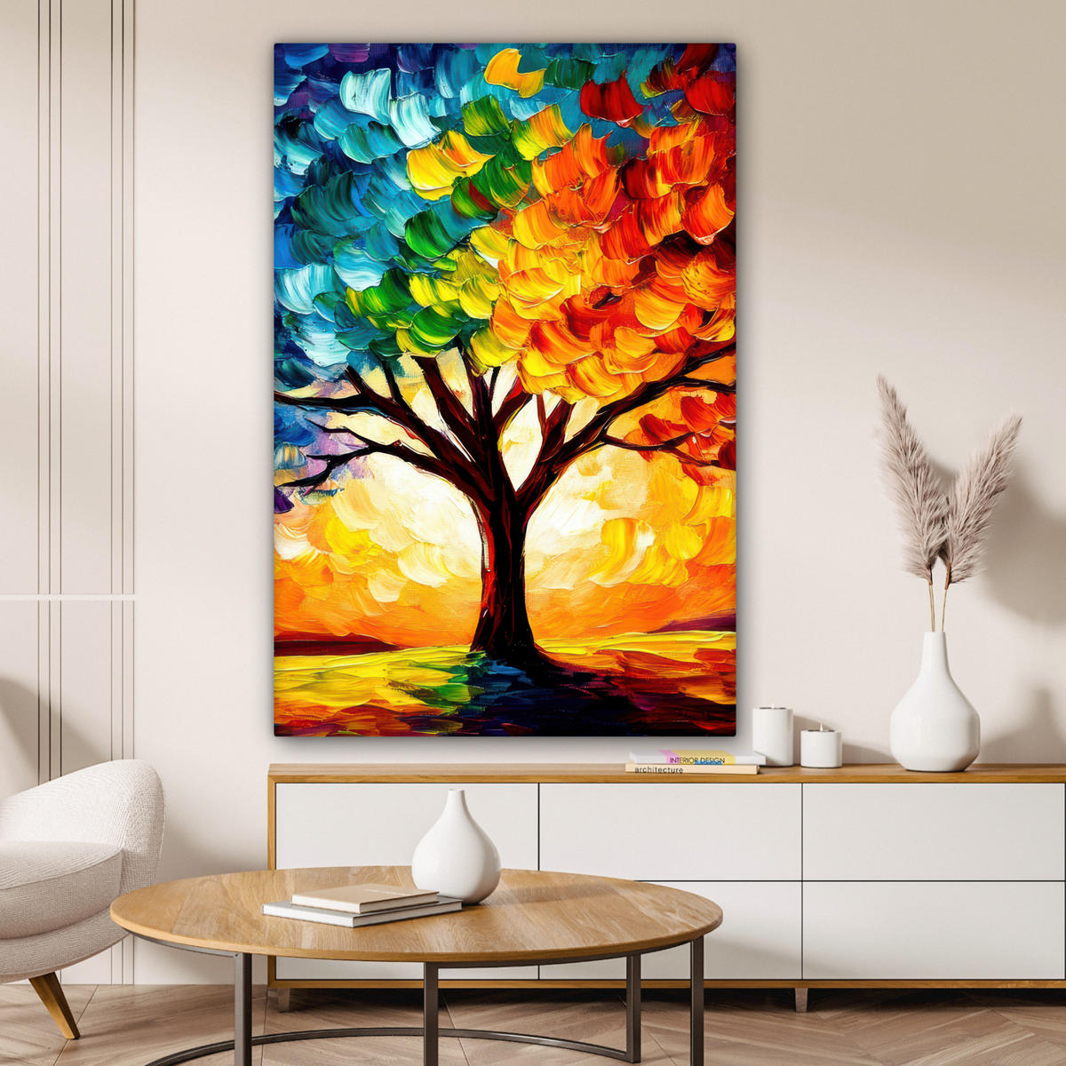 LEINWANDBILD - Baum - Kunst - Natur - Sonnenuntergang - 80x120 - Wanddeko - Multicolor, Textil (80/120cm) - MuchoWow