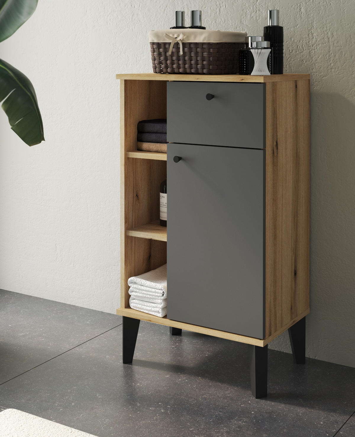 BADKOMMODE grau, Evoke Eiche, Badkommode, 51 x 90 cm - Eichefarben/Schwarz, Holzwerkstoff/Metall (51/90/33cm) - Furn.Design