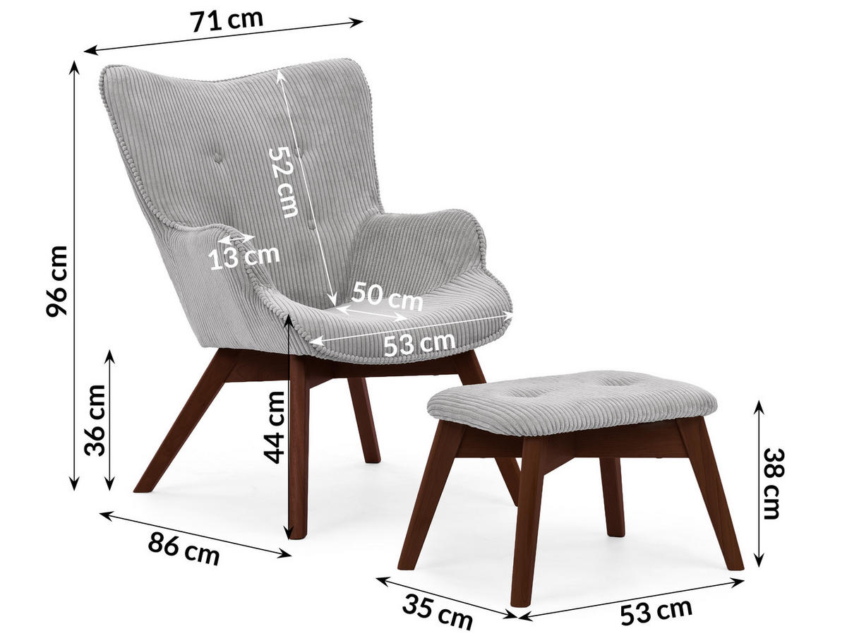 LOUNGESESSEL mit Fußhocker Lenari Hellgrau Cordstoff mit Füßen in Braun - Hellgrau/Braun, Holz/Textil (71/96/86cm) - S-Style Möbel