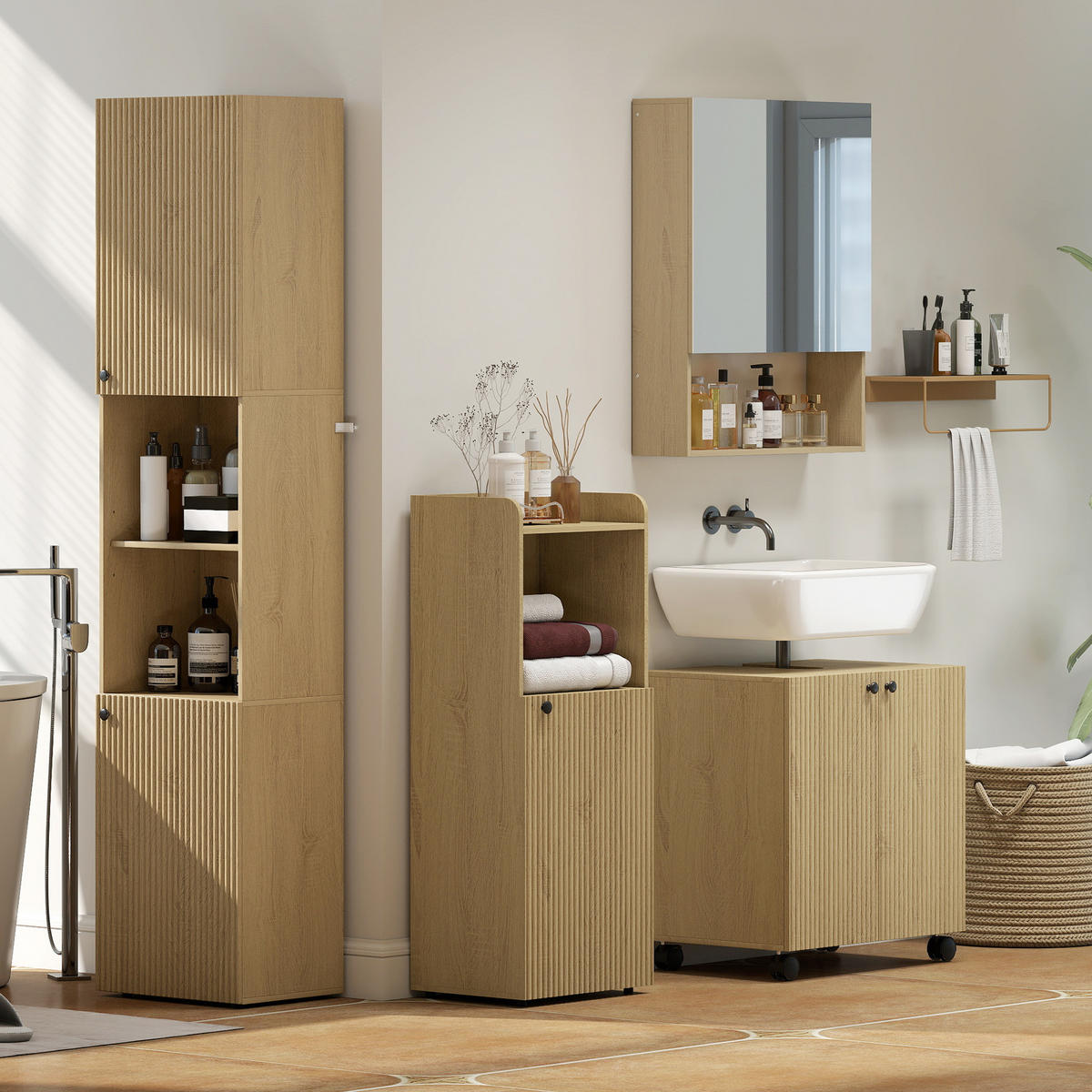 BADSCHRANK 4er Set Spanplatte MDF Eiche - Eichefarben, Holzwerkstoff (31/182/40cm) - HOMCOM