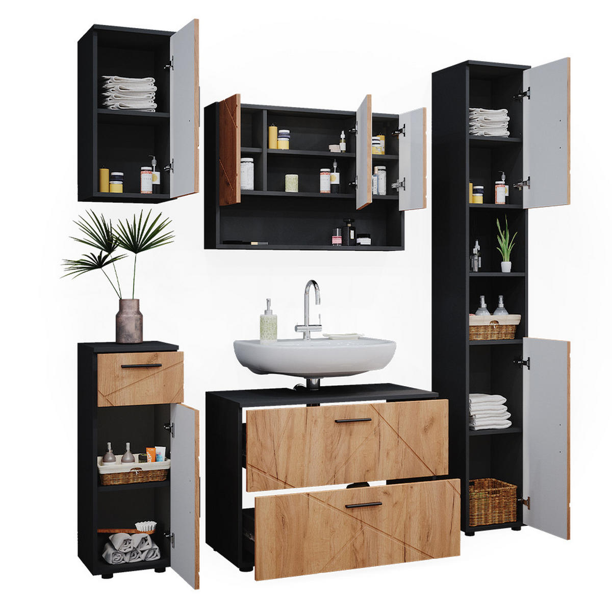BADMÖBEL-SET Irma Goldkraft Eiche/Anthrazit 5 Teile - Anthrazit/Eiche Wotan, Holzwerkstoff (80/58.6/41cm) - Vicco