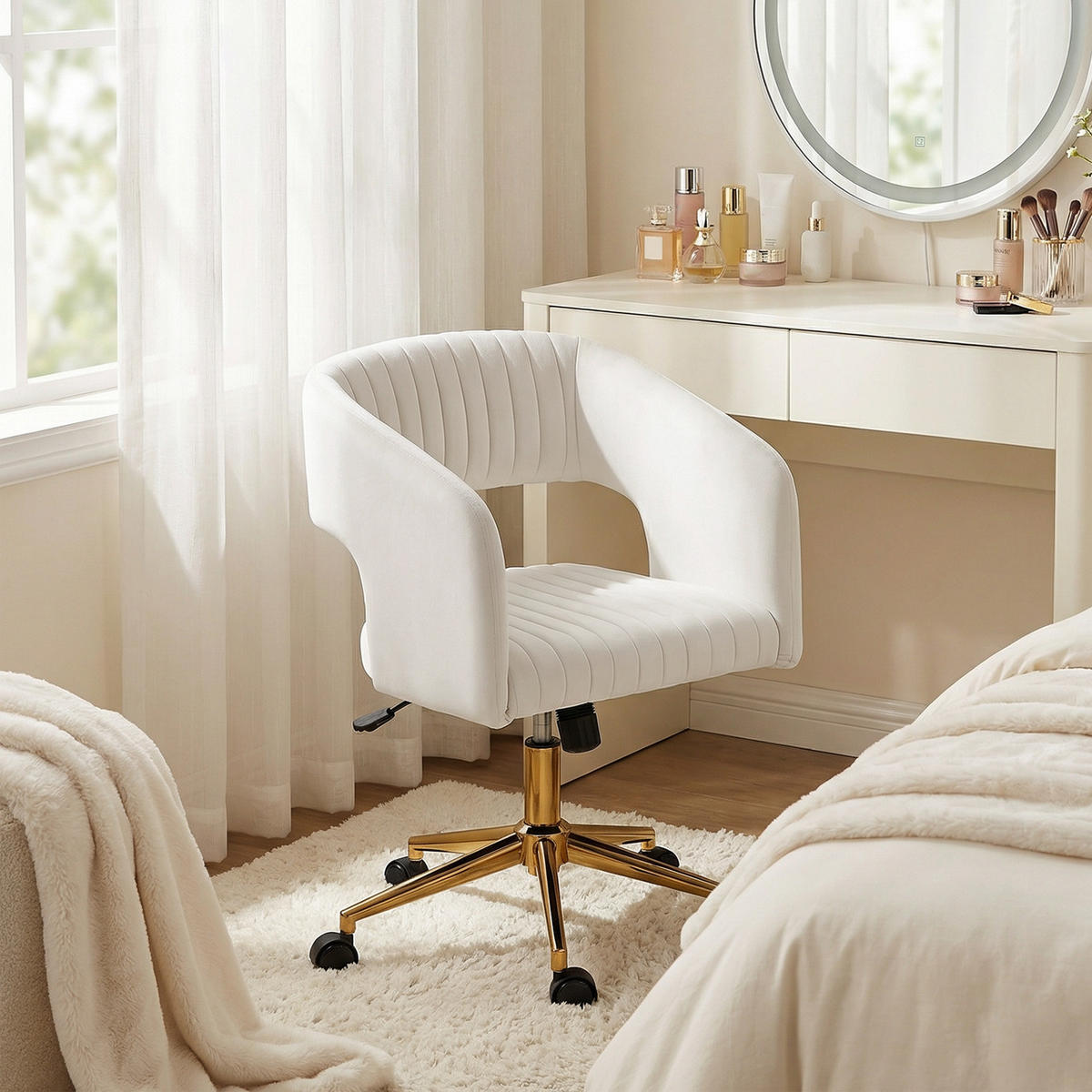 SCHREIBTISCHSTUHL höhenverstellbar Homeoffice Stuhl mit Samtoptik Cremeweiß - Goldfarben/Creme, Textil/Metall (61/84/62cm) - HOMCOM