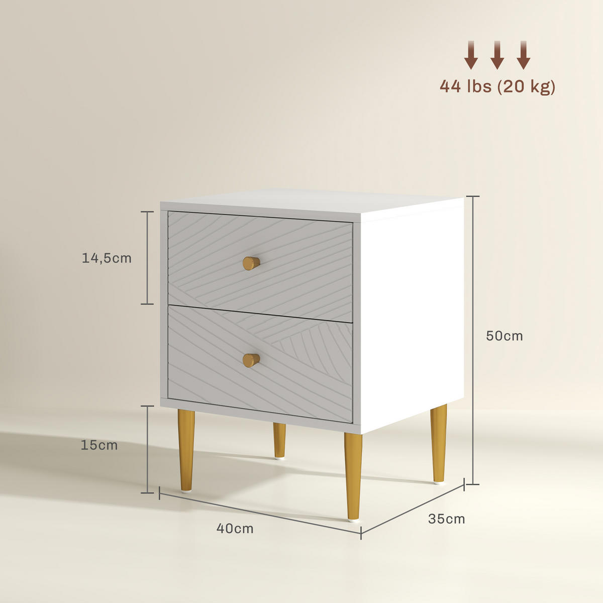 NACHTSCHRANK DE-12858 2 Schubladen, goldene Akzente Weiß - Weiß, Holzwerkstoff (35/50/40cm) - ComfortXL