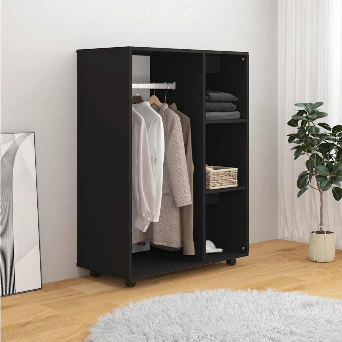 KLEIDERSCHRANK mit 4 Rollen, 3 Fächern 80/40/110 cm aus Holzwerkstoff Schwarz - Schwarz, Holz (80/110/40cm) - vidaXL