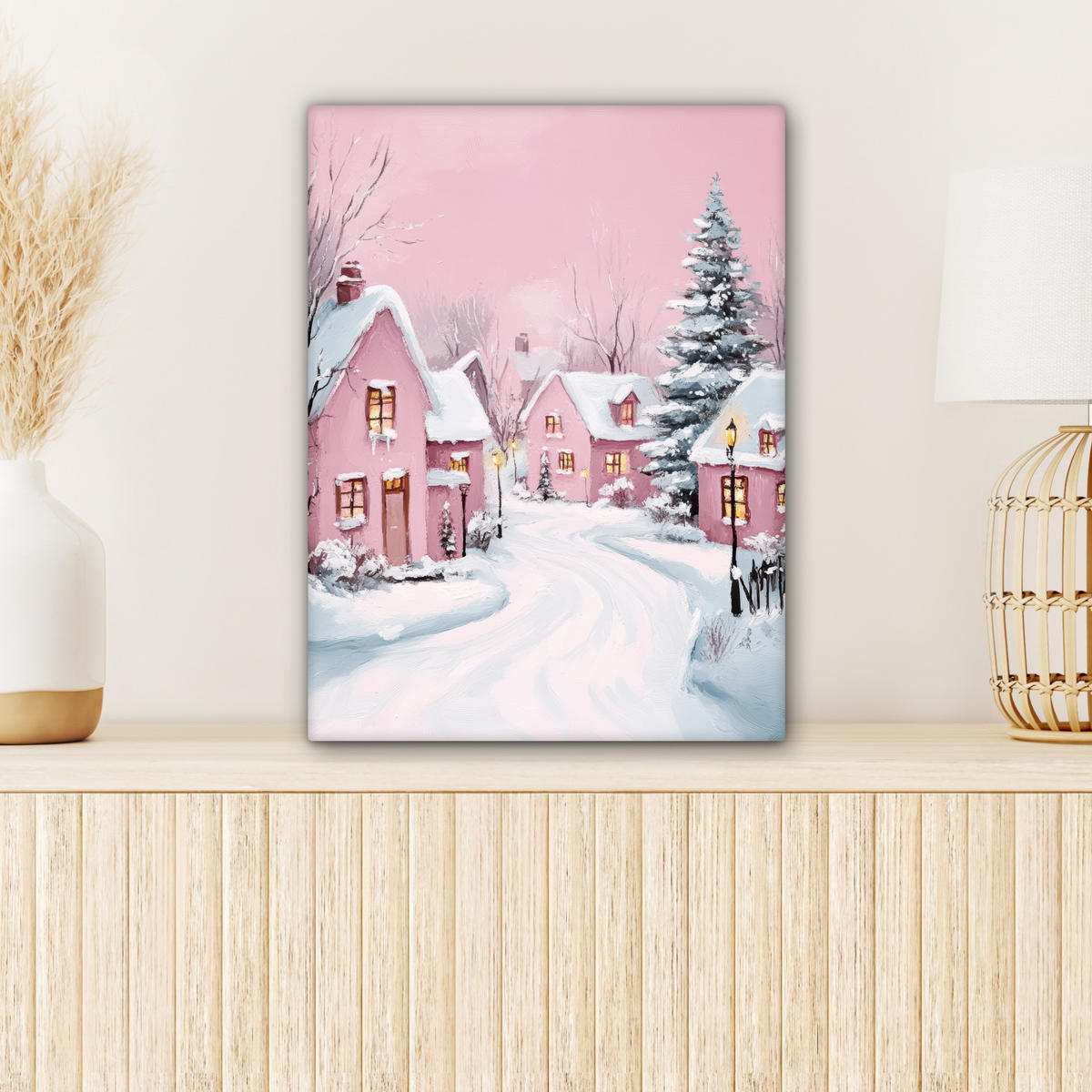 LEINWANDBILD Weihnachtsdorf - Rosa - Winter - Schnee - Häuser 30x40 cm - Altrosa, Textil (30/40cm) - MuchoWow
