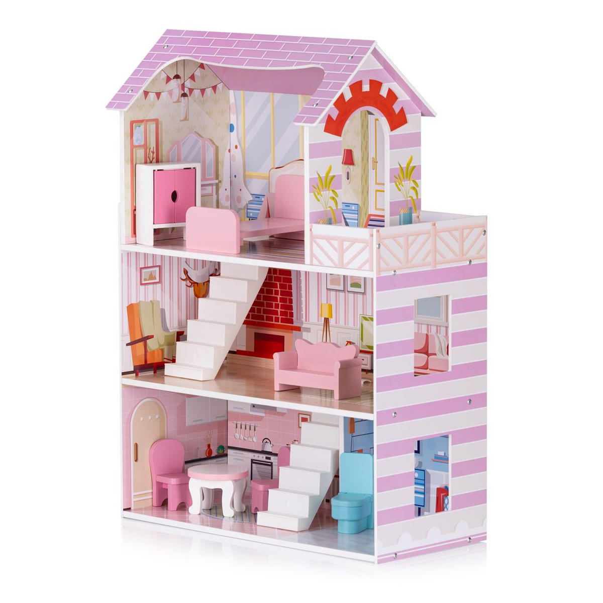 PUPPENHAUS DIWH02406 rosa 51 x 24 cm, MDF, 7-teiliges Möbel-Set, Balkon, 4 Räume, ab 3 Jahren - Rosa, Holz (24/72/51cm) - Chipolino