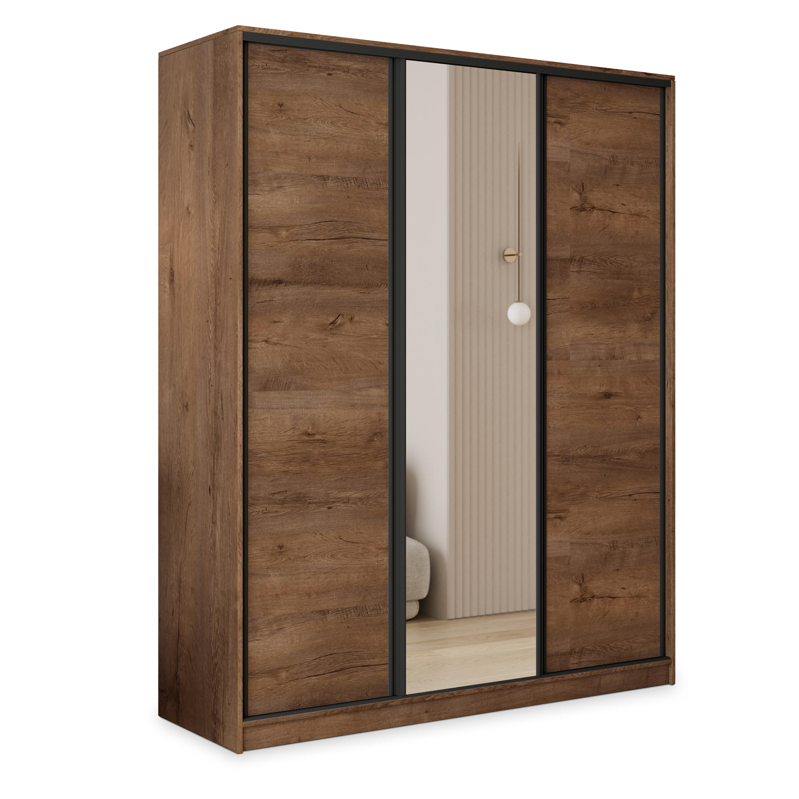 SCHWEBETÜRENSCHRANK TARI 160/205/58 cm 3-türig mit Spiegel und 4 Schubladen Eichefarben - Eichefarben, Holzwerkstoff (160/205/58cm) - MASSENO