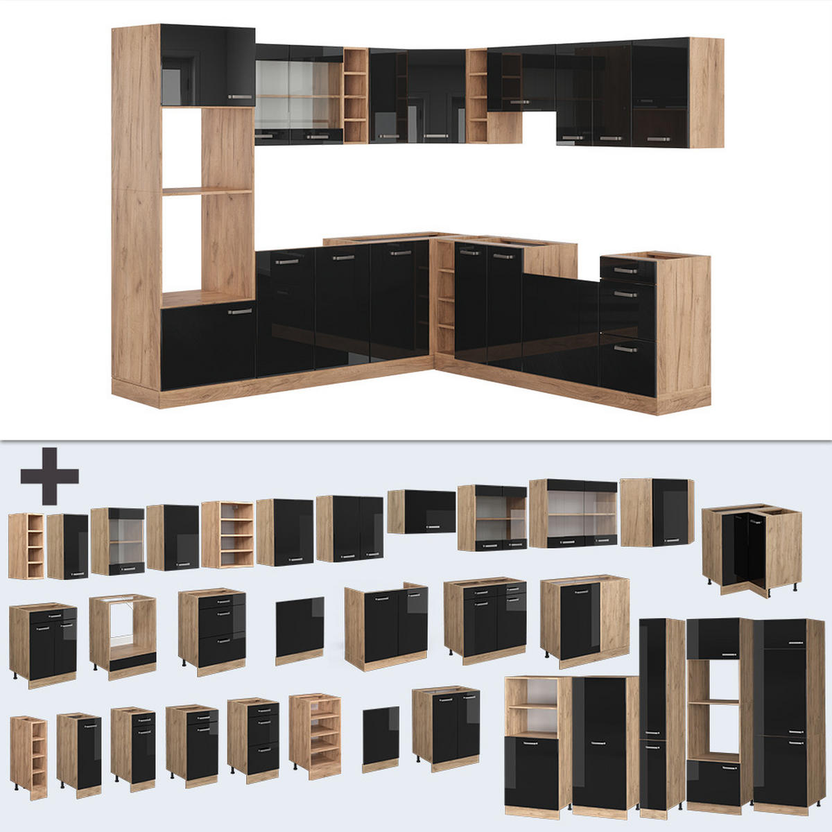 ECKKÜCHE R-Line Schwarz Hochglanz/Goldkraft Eiche 237 x 60 cm ohne AP - Schwarz Hochglanz/Eiche Wotan, Holzwerkstoff (247/81.6/46cm) - Vicco
