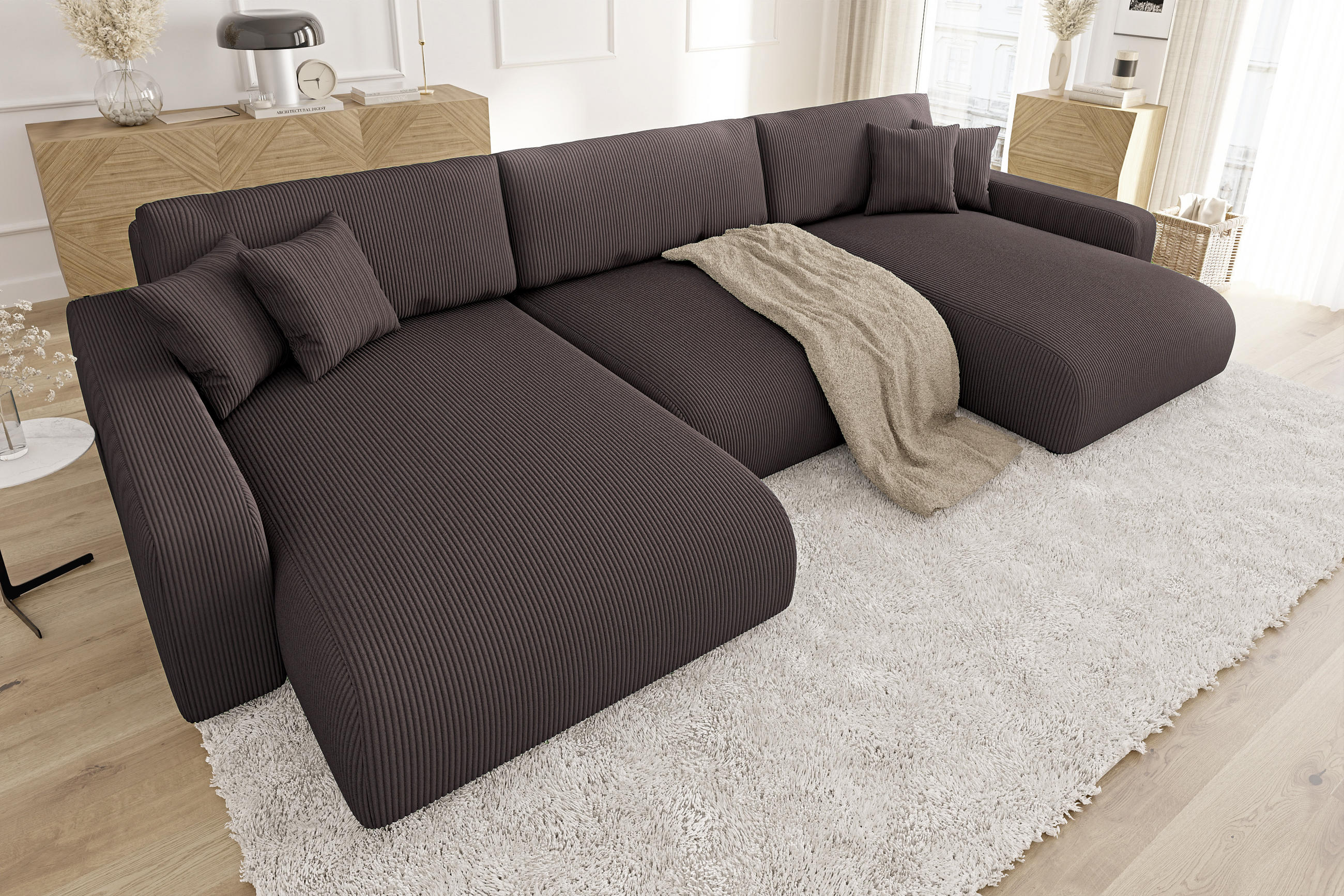 WOHNLANDSCHAFT Emma Dunkelbraun Cord - Dunkelbraun/Schwarz, Holz/Kunststoff (332/170cm) - S-Style Möbel