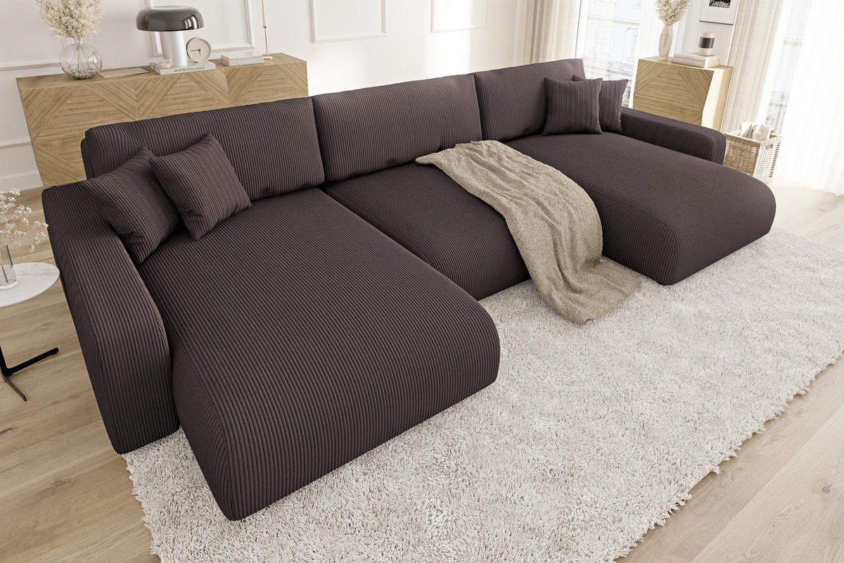 WOHNLANDSCHAFT Emma Dunkelbraun Cord - Dunkelbraun/Schwarz, Holz/Kunststoff (332/170cm) - S-Style Möbel