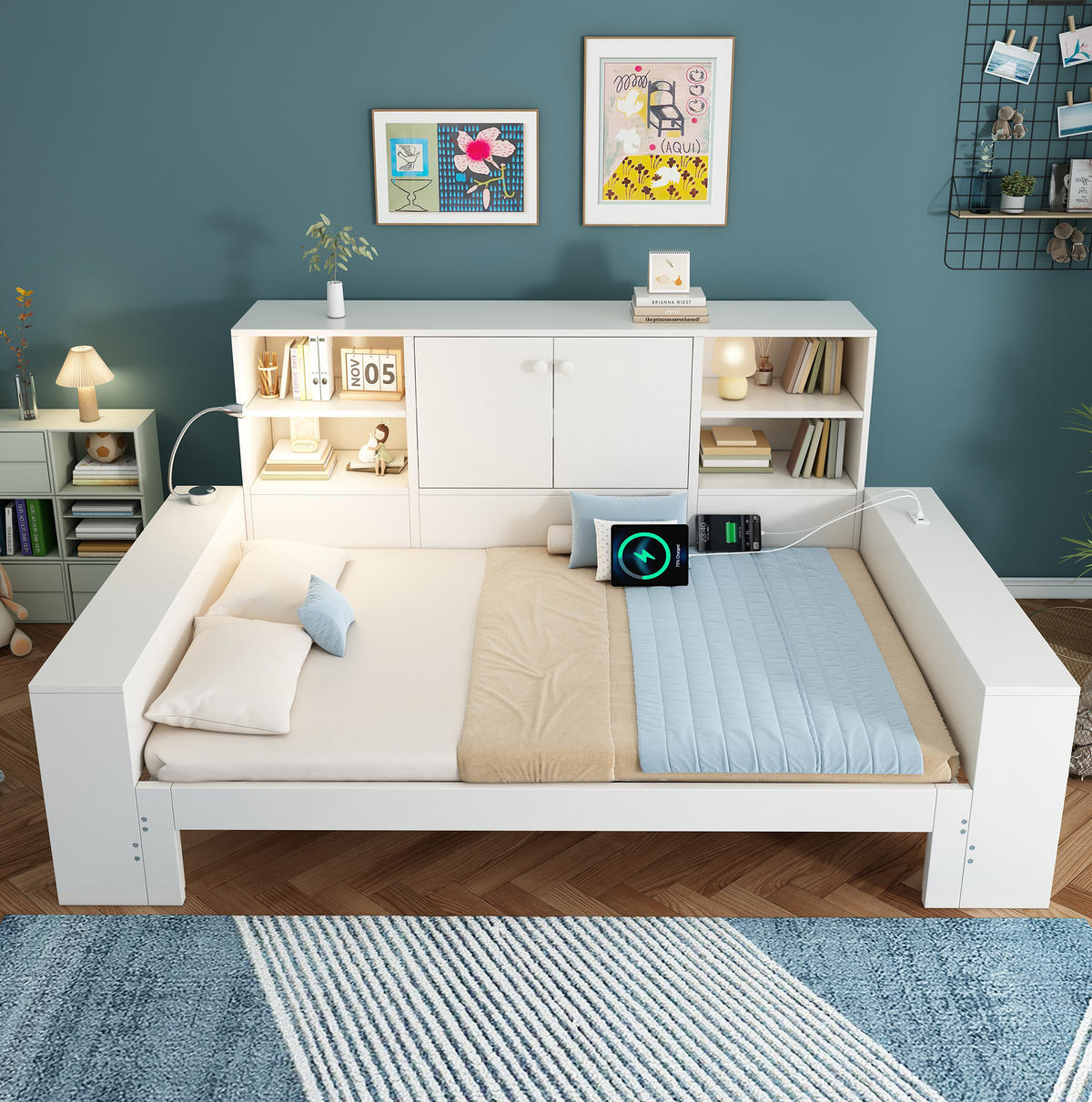 DENNÁ posteľ 90/200 cm biela s výsuvným lôžkom, úložným priestorom a USB portmi z MDF a preglejky - biela, kompozitné drevo (90/200cm) - OKWISH