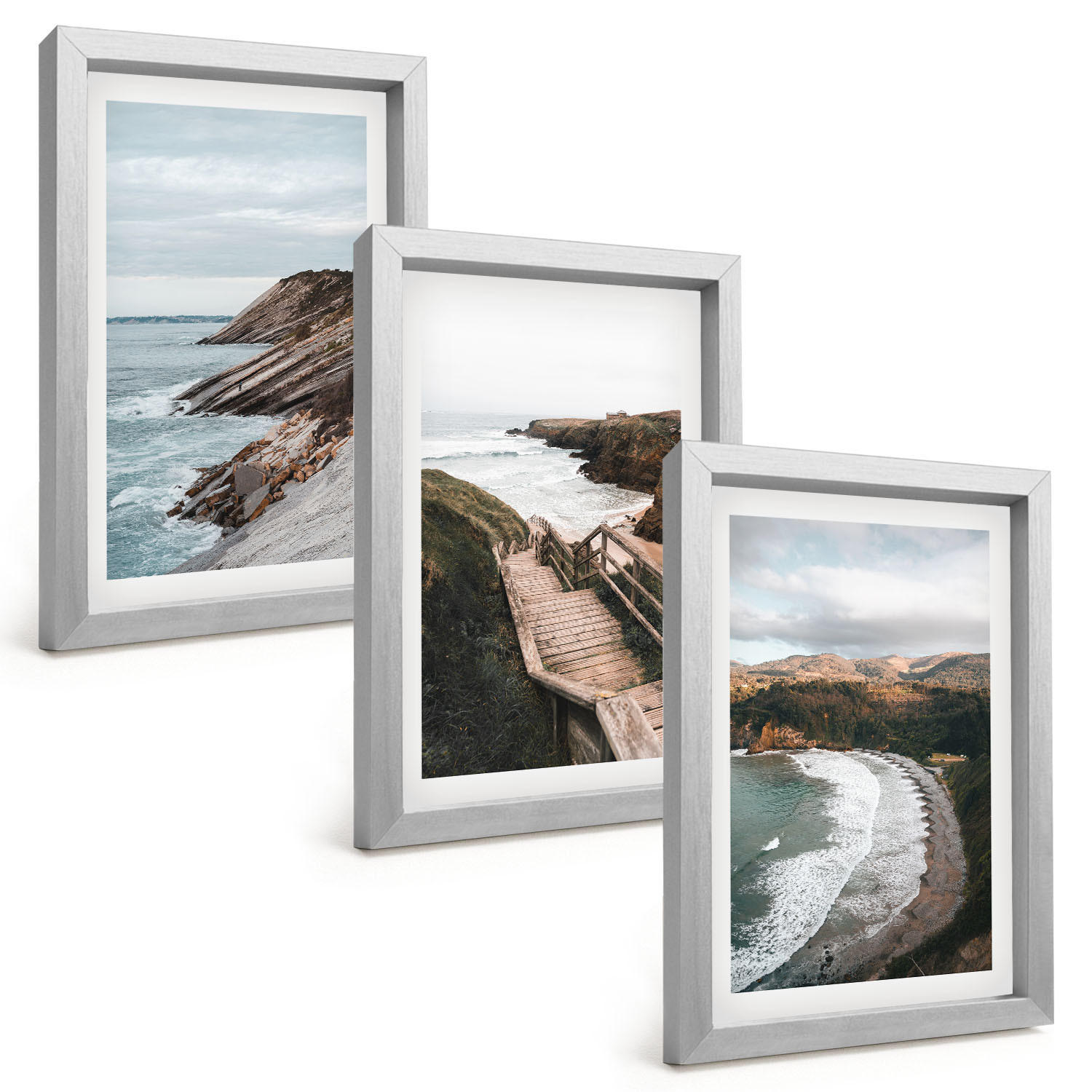 BILDER SET 3er Set - 20x30 cm Silberner Rahmen - Klippenblicke, Strandlandschaften - Silberfarben, Kunststoff (20/30cm) - TULUP