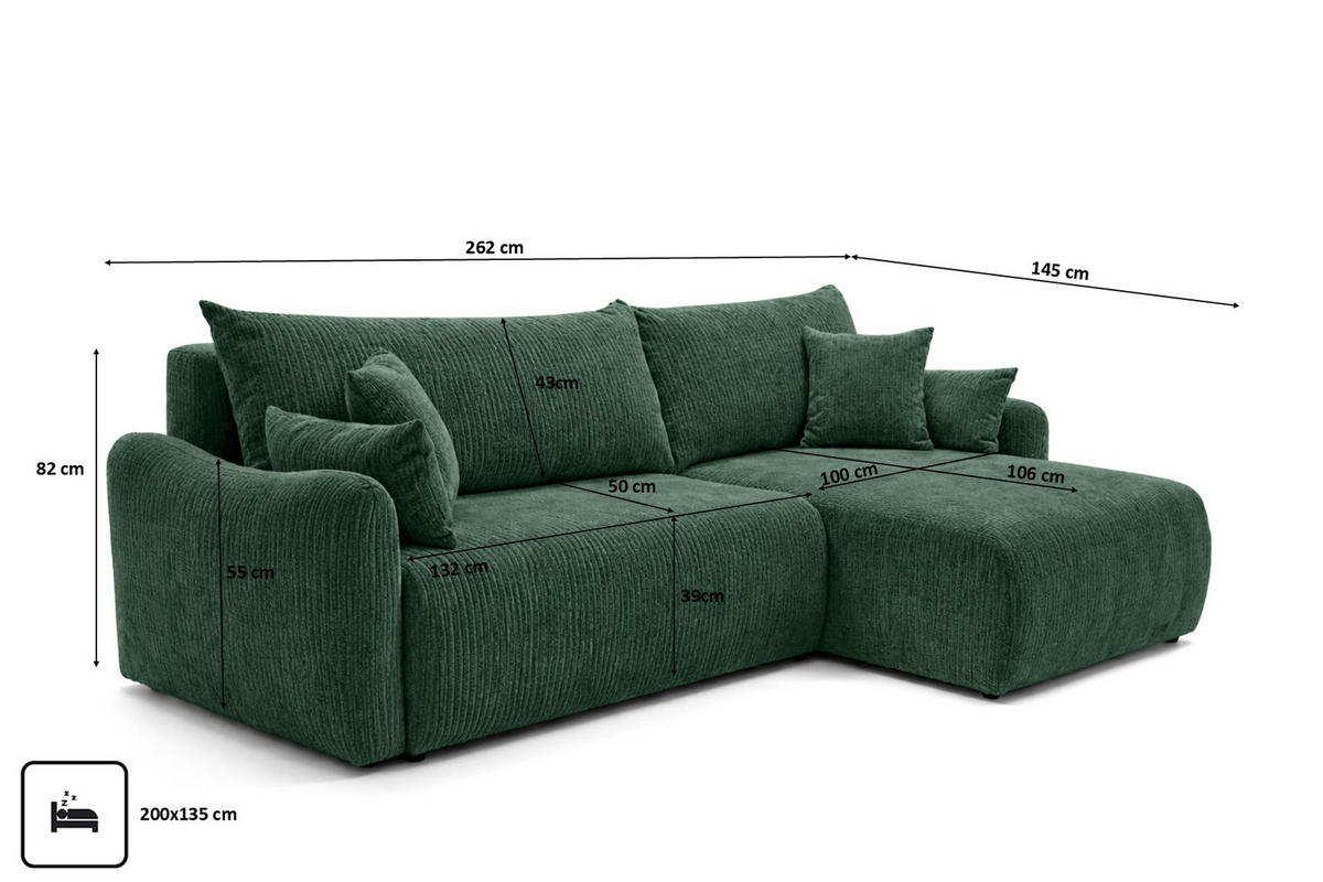 ECKSOFA Mit Schlaffunktion, Cordstoff Poso, Grün, Rechts, JAPANDI - Grün, Holz (262/145cm) - Kaiser Möbel