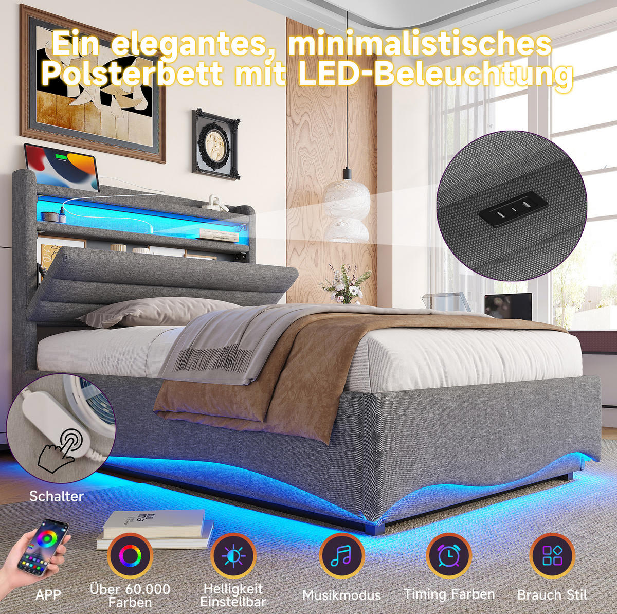 ČALOUNĚNÁ postel 90/200 cm šedá z lnu s LED osvětlením a hydraulickým úložným prostorem - šedá, textil (90/200cm) - OKWISH