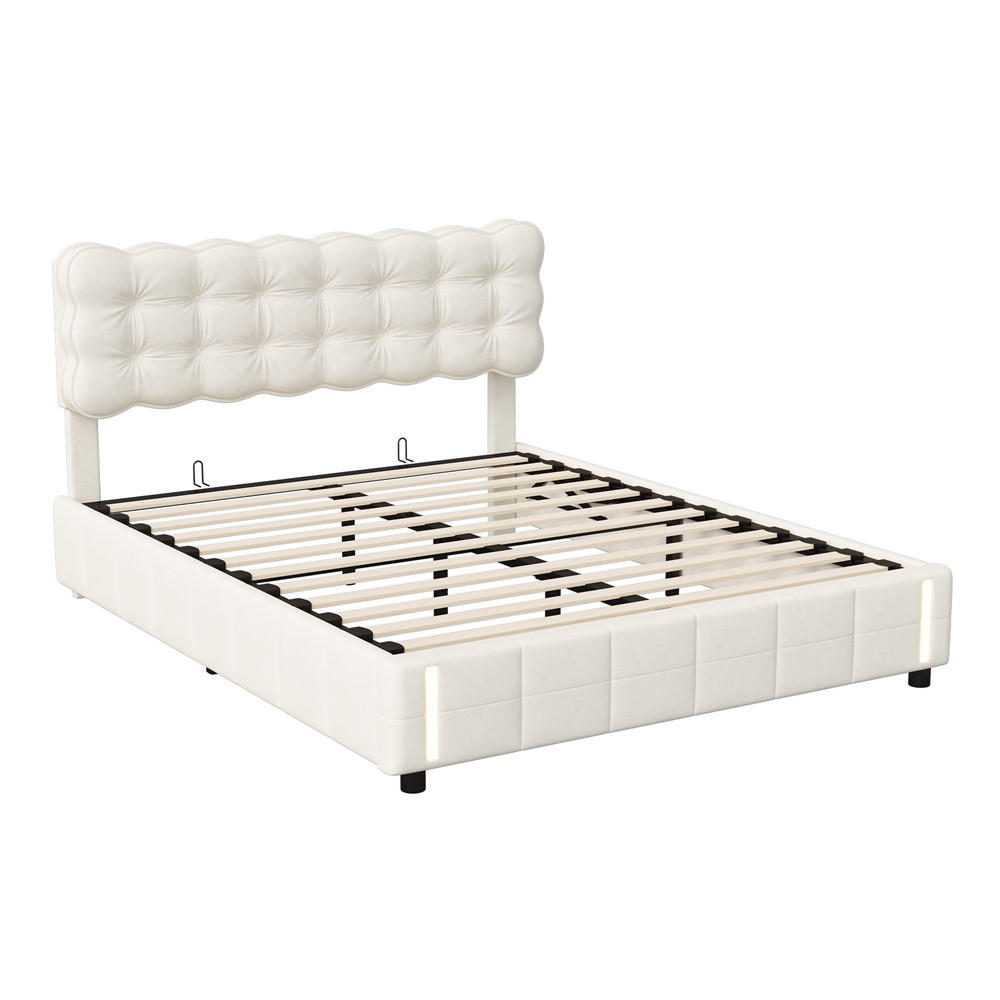 POLSTERBETT 160x200 cm - Doppelbett mit Stauraumfunktion und Bewegungsmelder-Bettendenleuchte - ohne Matratze - Beige - Beige, Textil (160/200cm) - DELFA
