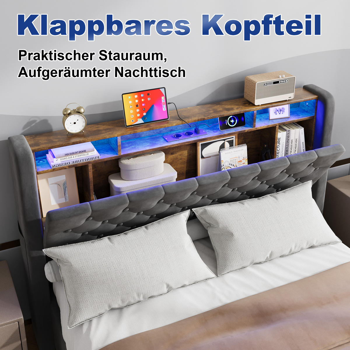 POLSTERBETT 140/200 cm mit hydraulischem Bettkasten, Schubladen, Klappbares Kopfteil, LED-Beleuchtung, Grau - Grau, Textil (140/200cm) - Redom