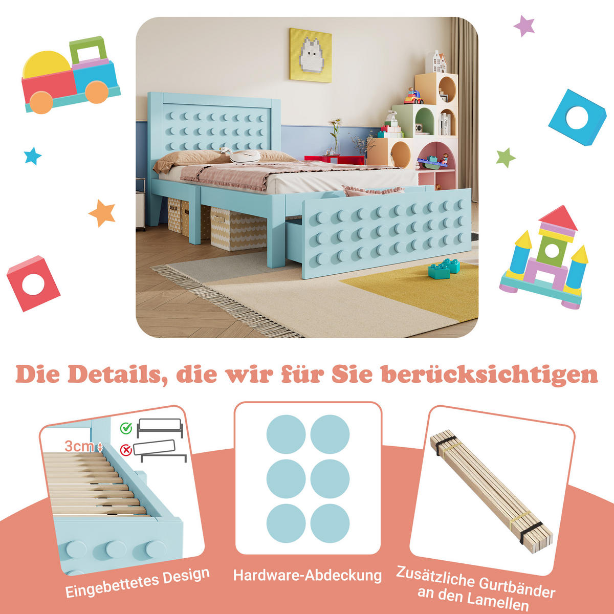 KINDERBETT 90/200 cm blau Kinderbett mit Stauraum und Lattenrost - Blau, Holz (90/200cm) - OKWISH